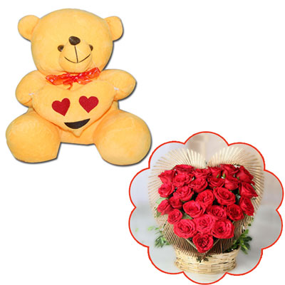 "Teddy Bear -BST 9102, Heart shape flower Arrangement - Click here to View more details about this Product